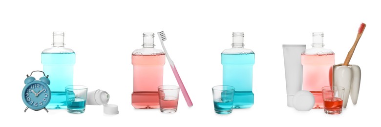 Set with bottles of mouthwash and other items for teeth care on white background. Banner design