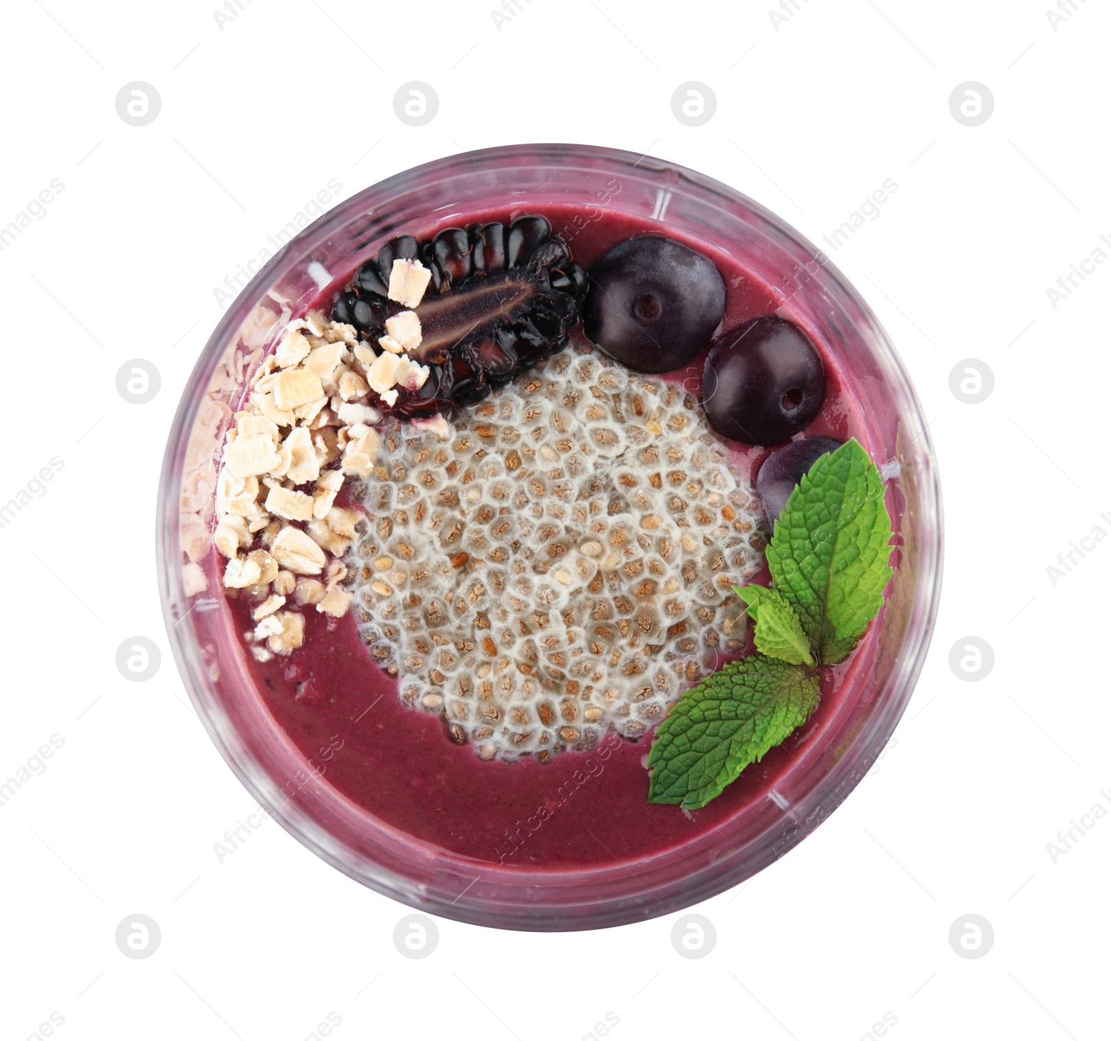 Photo of Glass with tasty acai smoothie on white background, top view