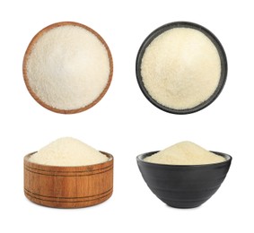 Image of Gelatin powder in bowls on white background, collage 