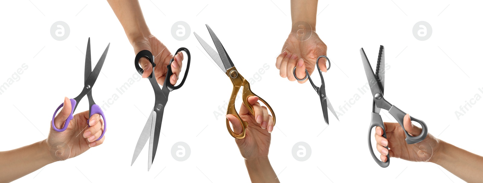 Image of Collage with photos of women holding different scissors on white background, closeup. Banner design