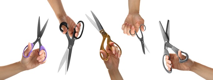 Image of Collage with photos of women holding different scissors on white background, closeup. Banner design