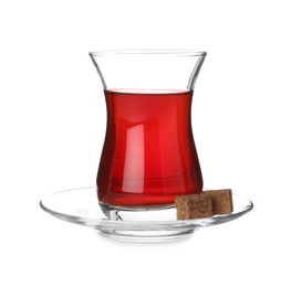 Photo of Glass with traditional Turkish tea isolated on white