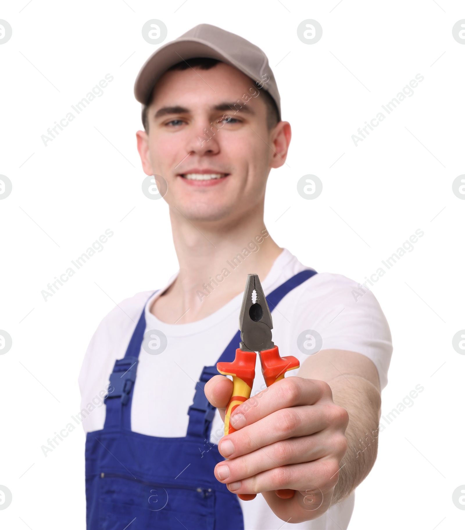 Photo of Young man holding pliers on white background