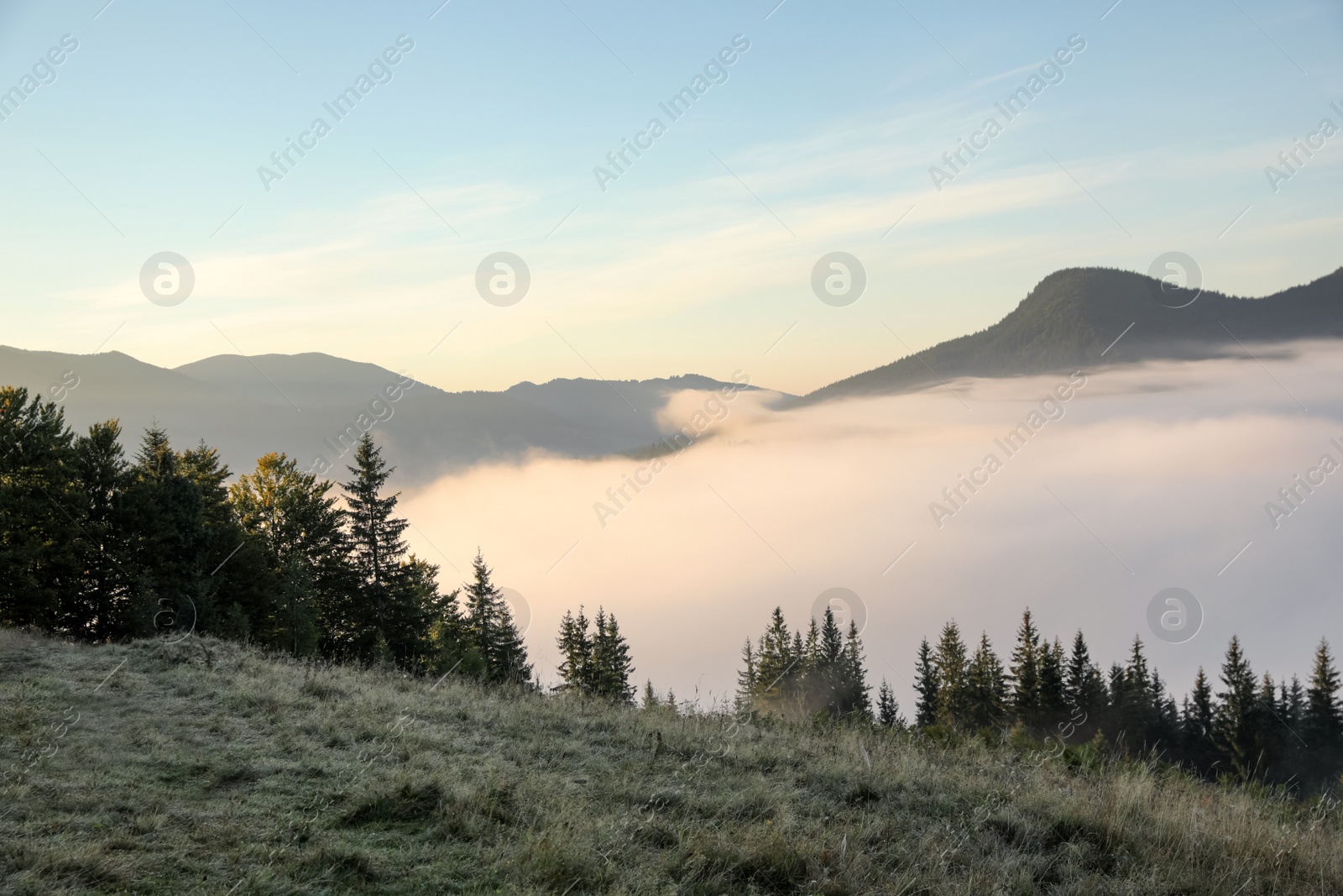 Photo of Beautiful view of mountains covered with fog at sunrise