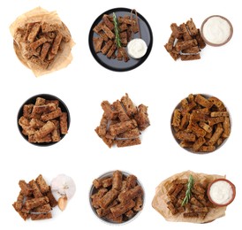 Collage with tasty rye croutons on white background, top view