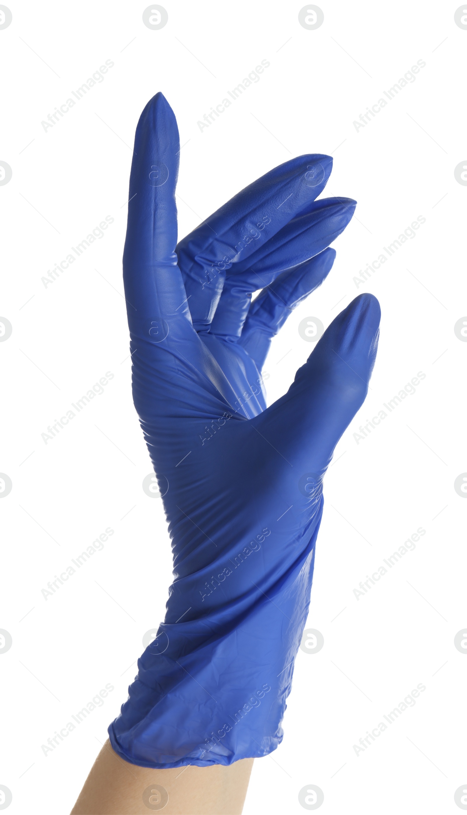 Photo of Woman in blue latex gloves holding something on white background, closeup of hand