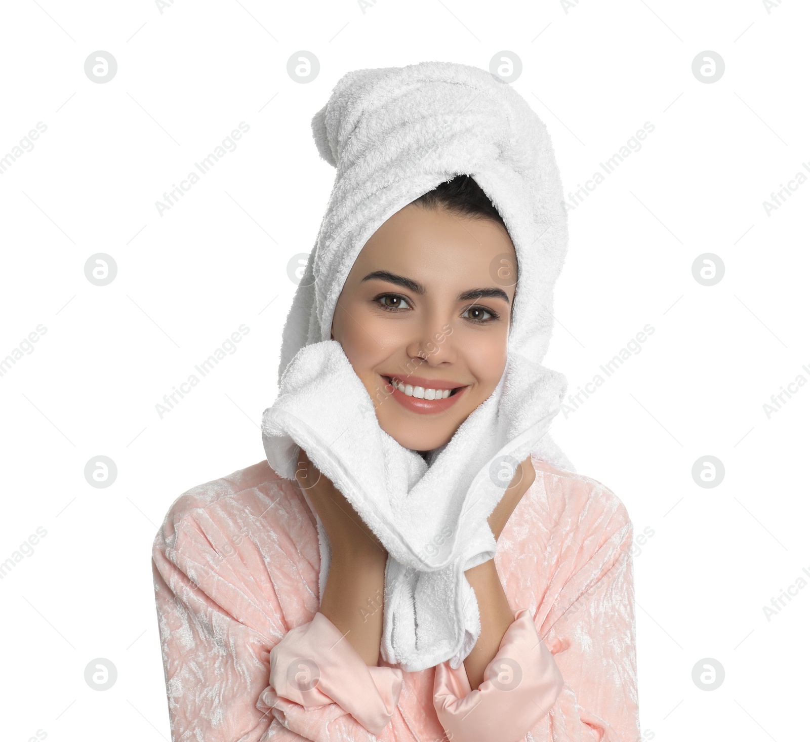 Photo of Young woman wiping face with towel on white background