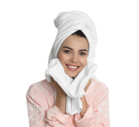 Photo of Young woman wiping face with towel on white background