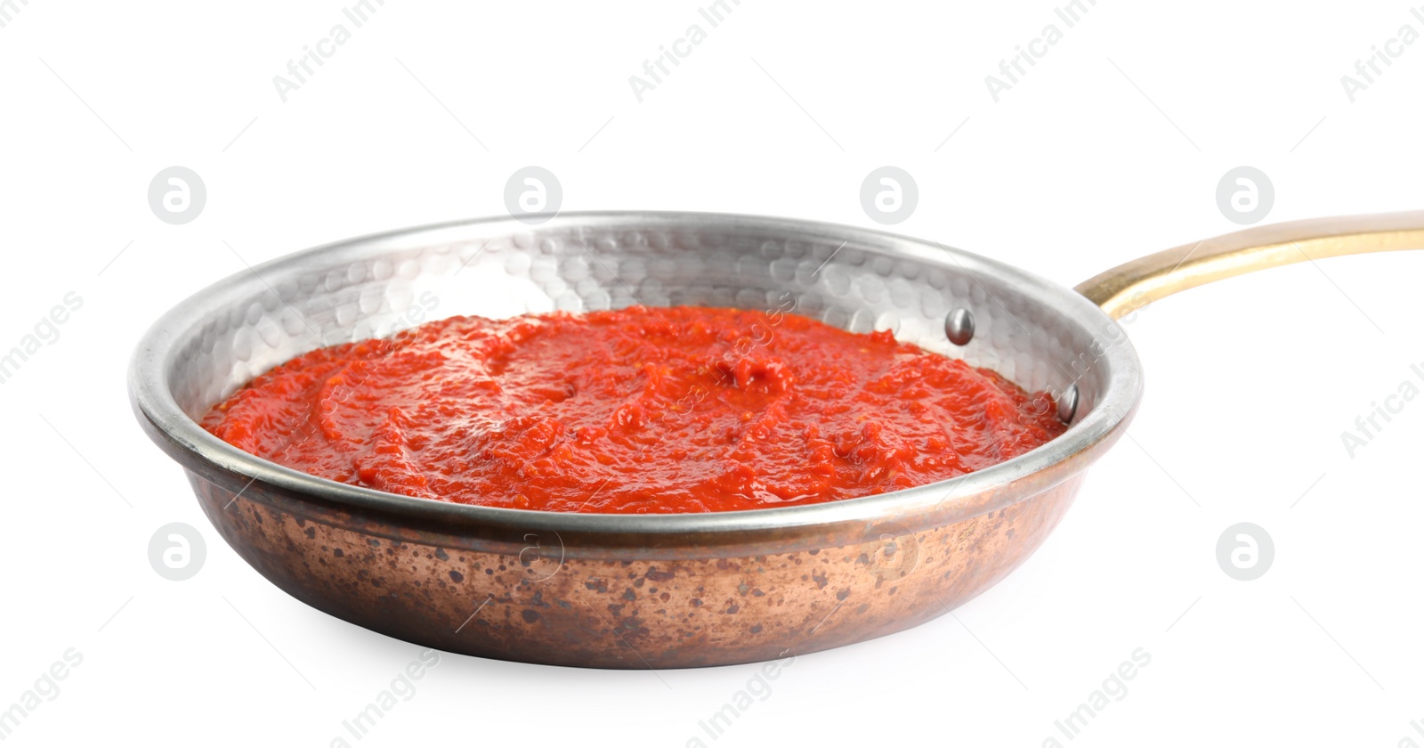 Photo of Delicious tomato sauce in pan isolated on white