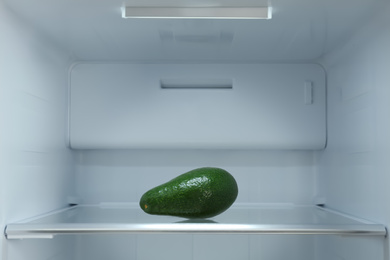 Photo of Fresh avocado on shelf of modern refrigerator