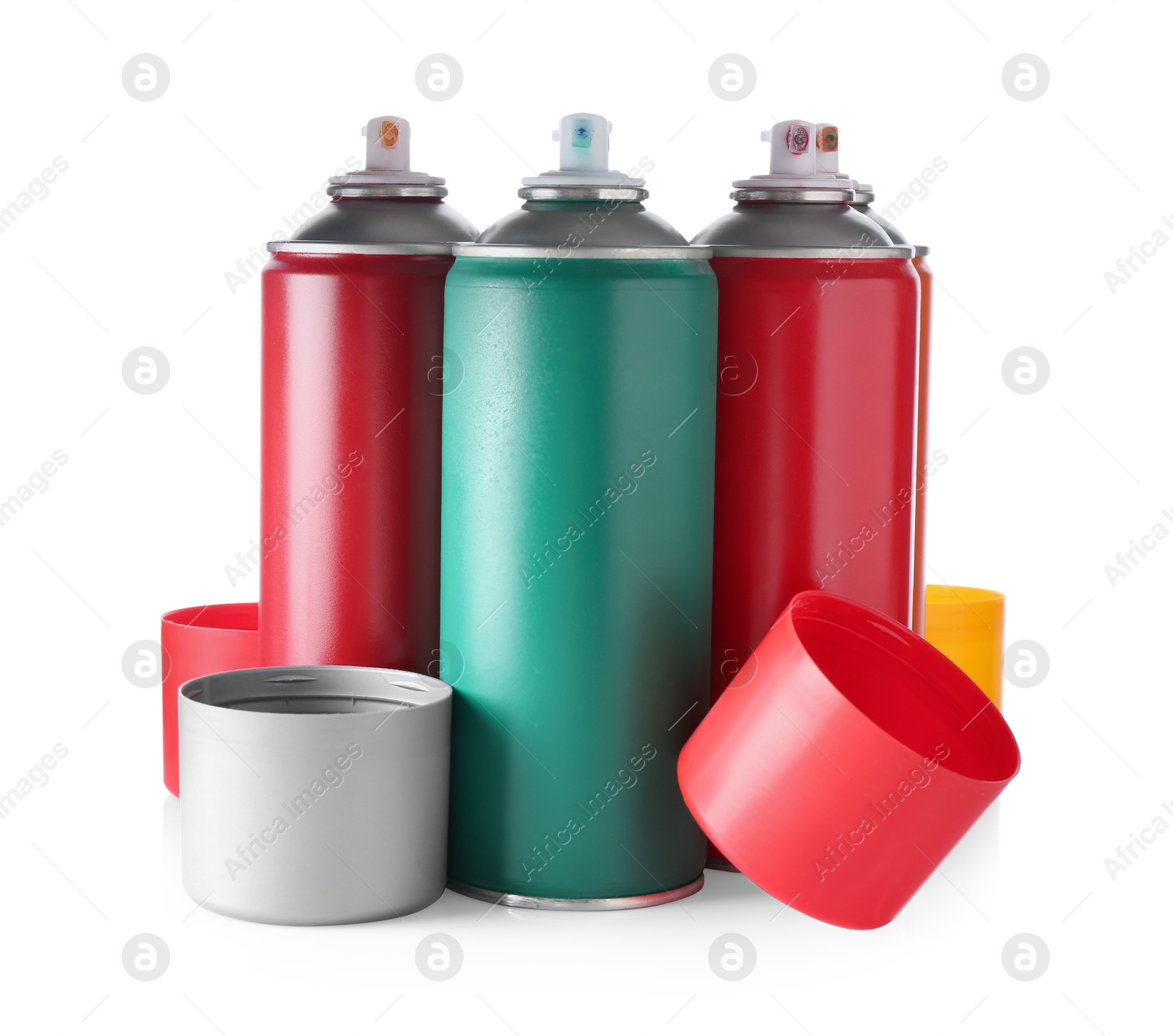 Photo of Many spray paint cans isolated on white