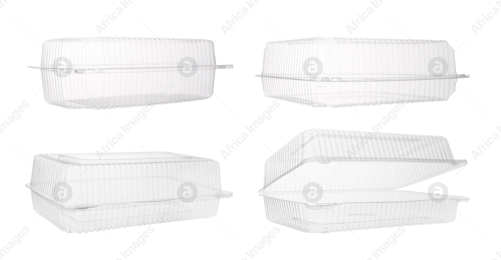 Image of Set with empty plastic containers for food on white background. Banner design