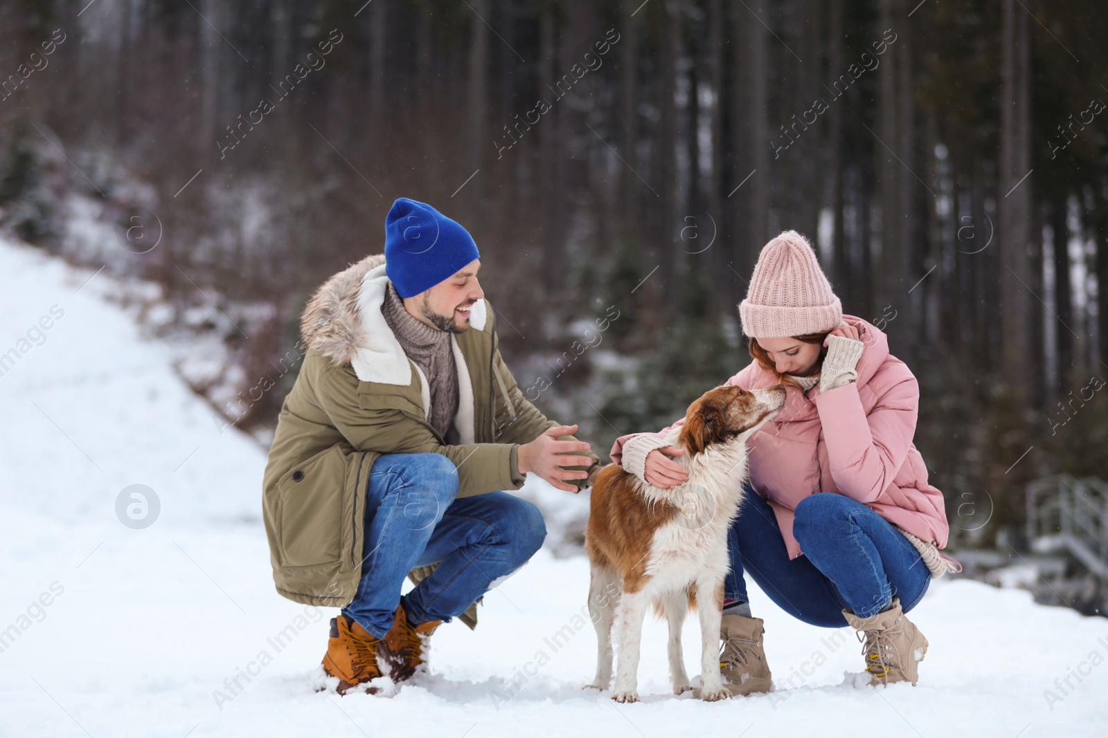 Photo of Cute couple with dog outdoors. Winter vacation