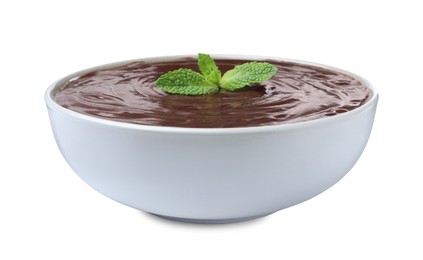 Photo of Delicious chocolate cream with mint in bowl on white background