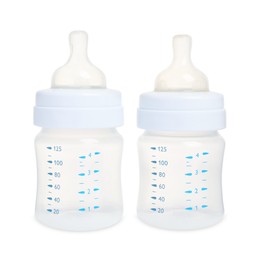 Two empty feeding bottles for baby milk on white background