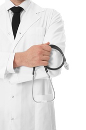 Photo of Closeup of male doctor with stethoscope isolated on white. Medical staff