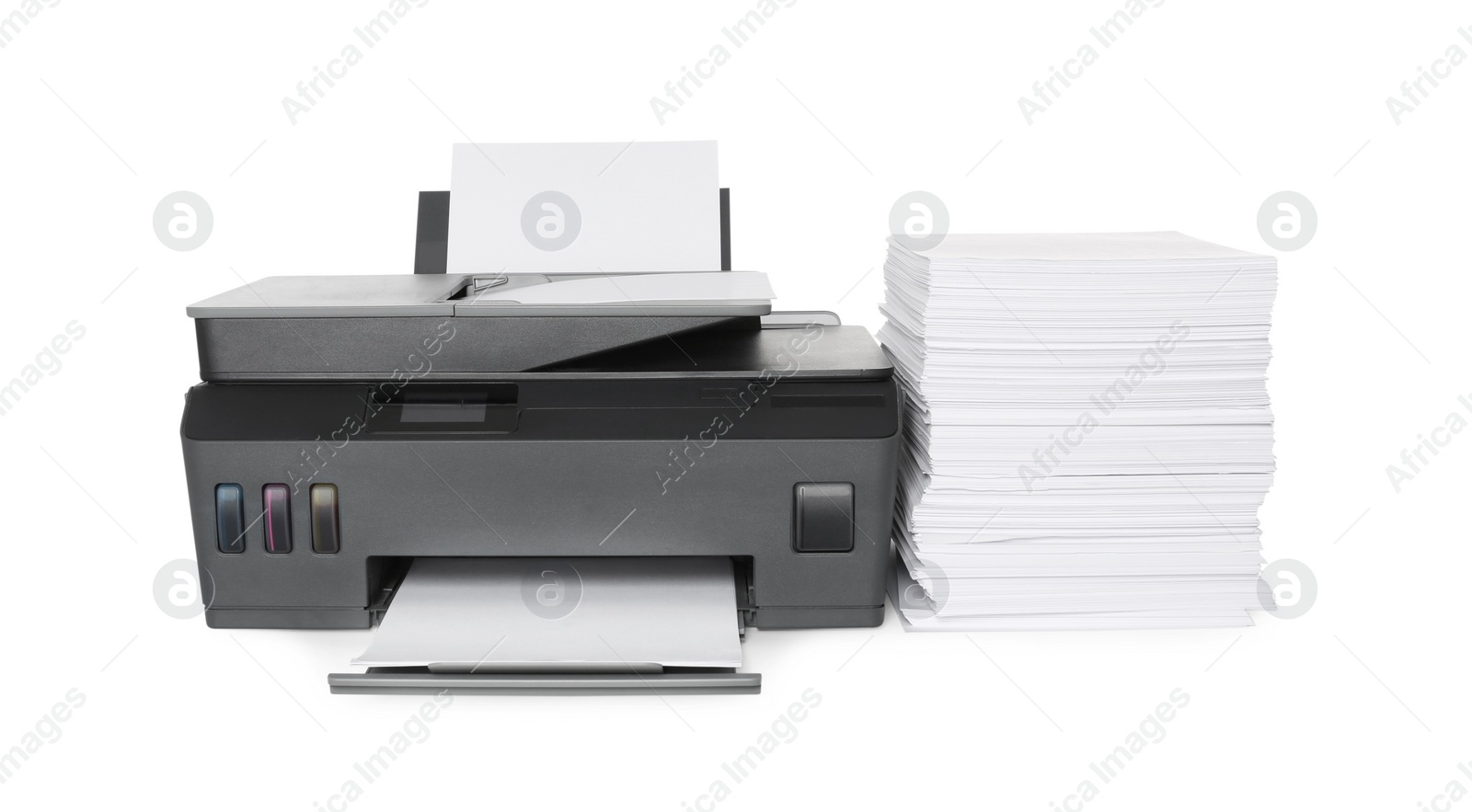 Photo of Modern printer and stack of paper on white background