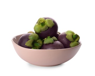 Photo of Fresh mangosteen fruits in bowl on white background