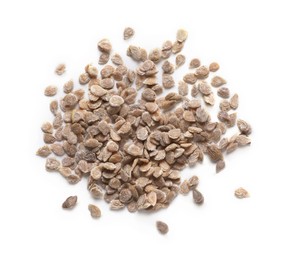 Pile of tomato seeds on white background, top view