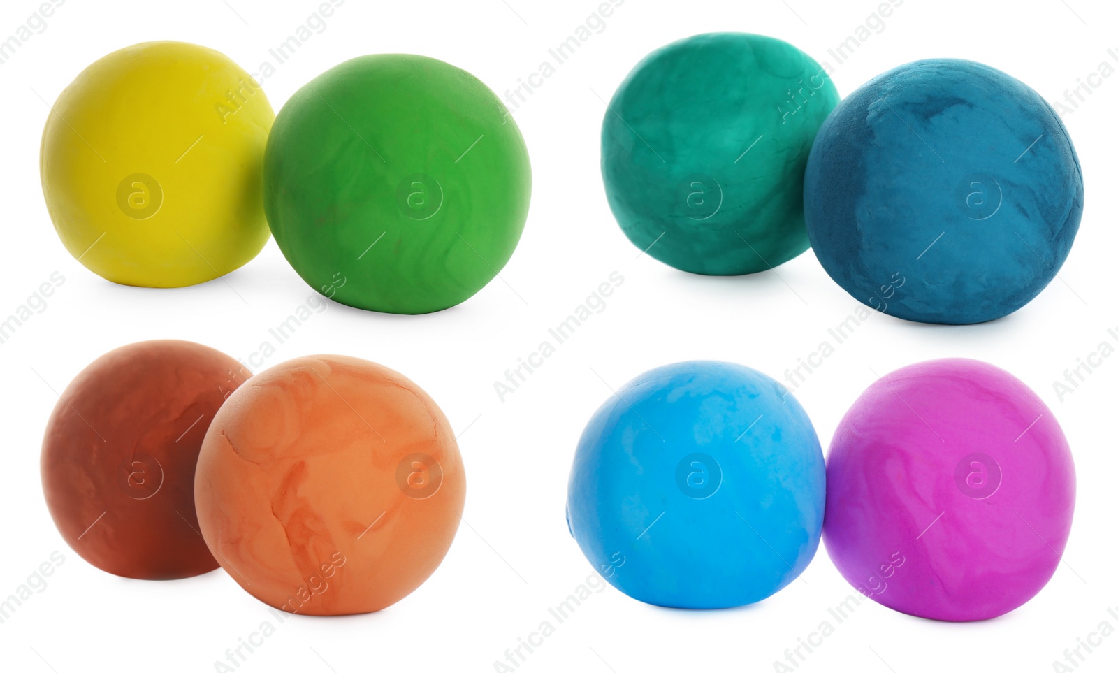 Image of Set with different colorful play dough on white background