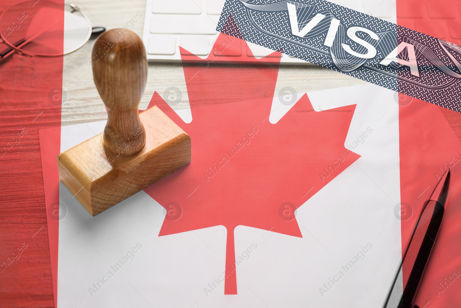 Image of Visa to Canada. Multiple exposure with national flag and stamp