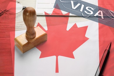 Image of Visa to Canada. Multiple exposure with national flag and stamp