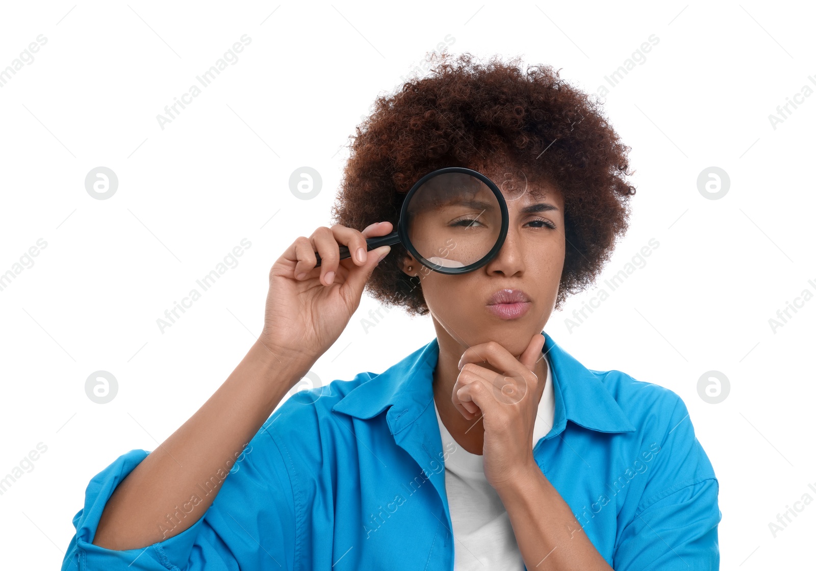 Photo of Young woman looking through magnifier glass on white background