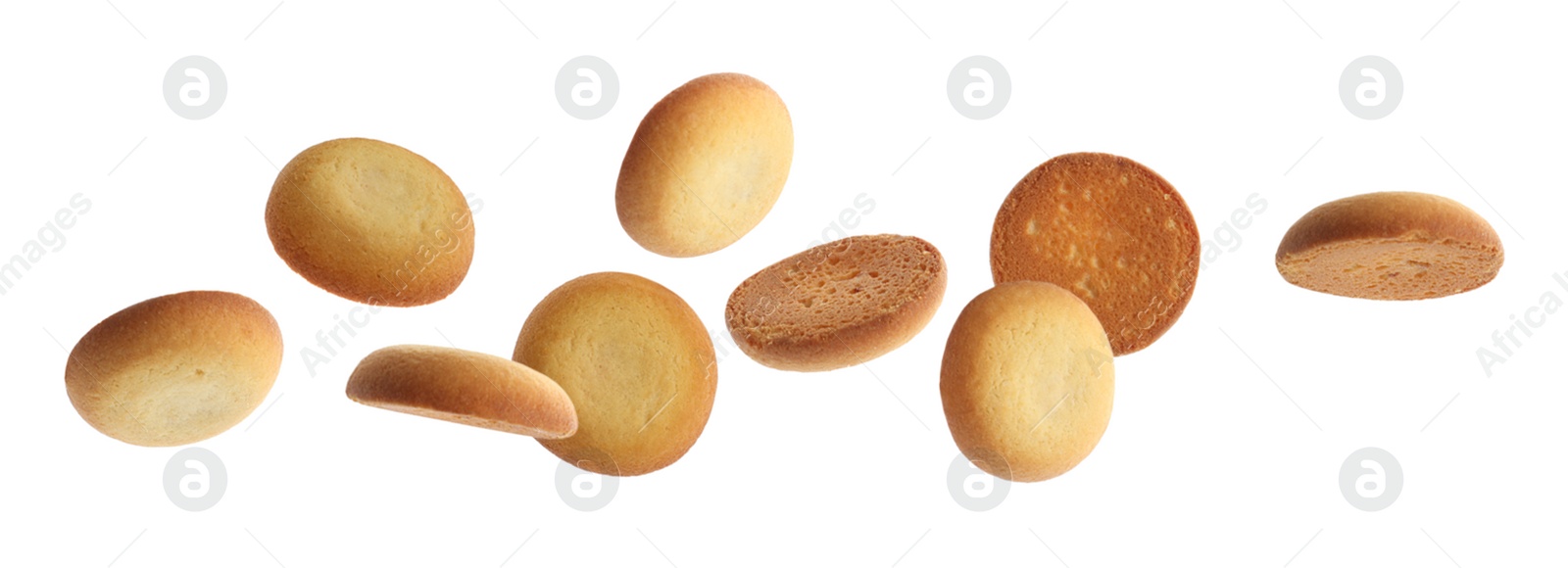 Image of Set of falling delicious shortbread cookies on white background. Banner design 