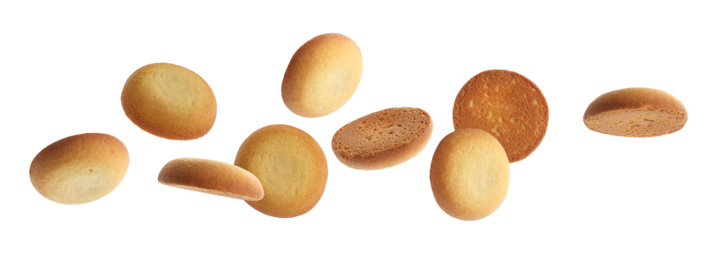 Image of Set of falling delicious shortbread cookies on white background. Banner design 