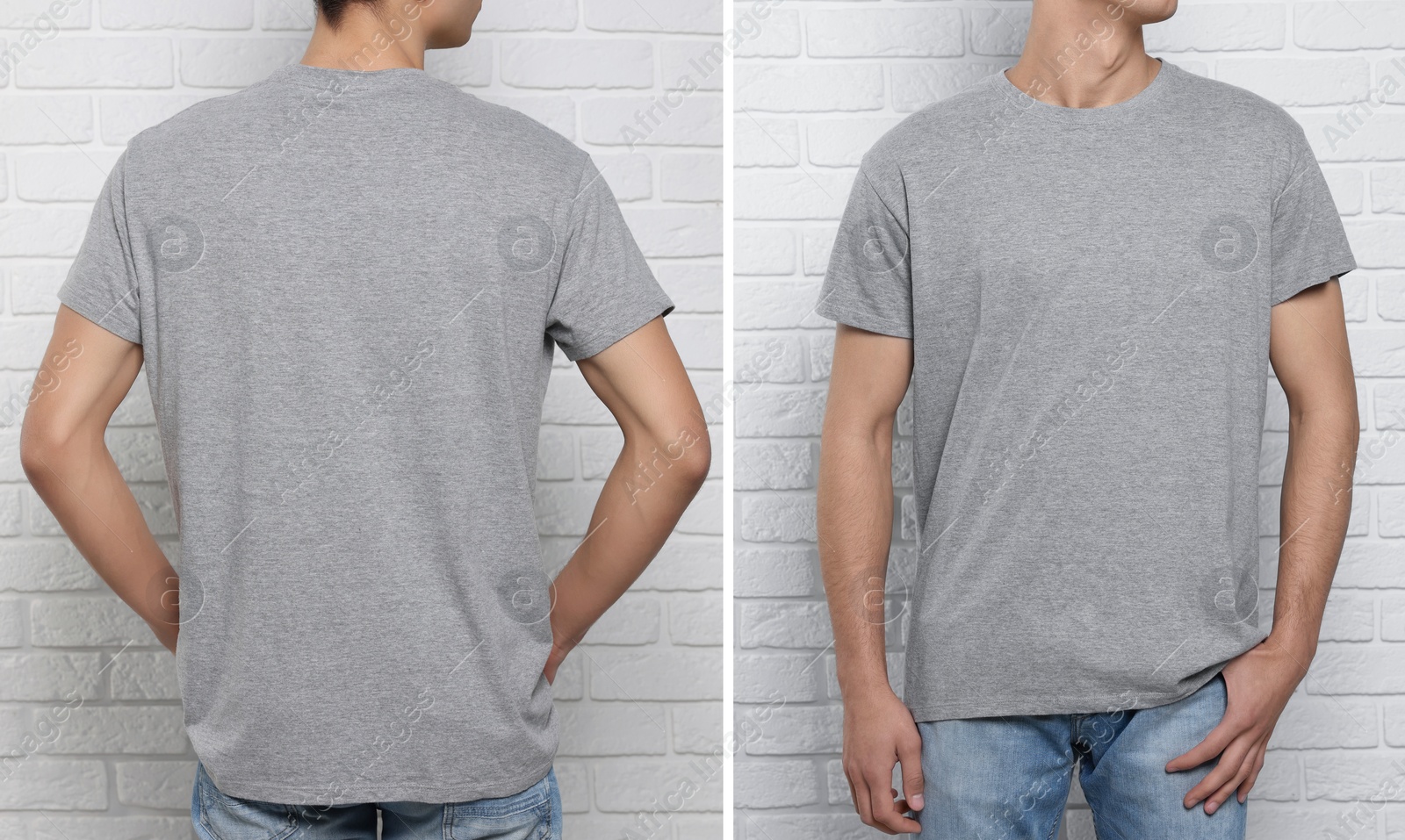 Image of Man wearing grey t-shirt near white brick wall, back and front view. Mockup for design