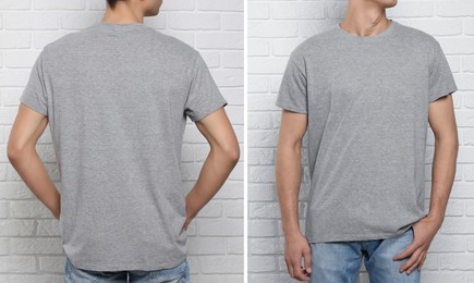 Image of Man wearing grey t-shirt near white brick wall, back and front view. Mockup for design