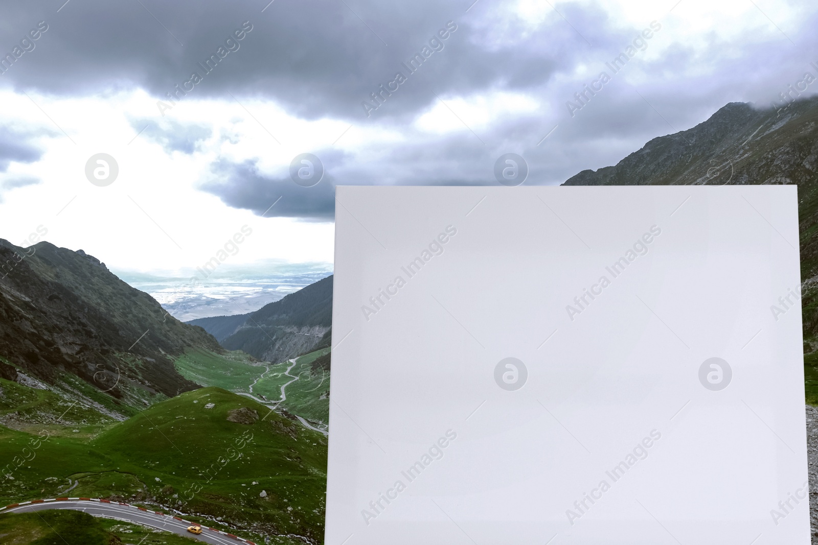 Image of Blank canvas and picturesque view of mountains. Space for text