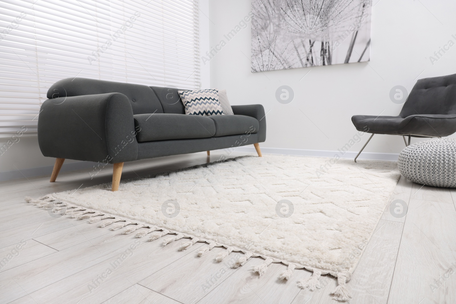 Photo of Living room with soft carpet and stylish furniture. Modern design