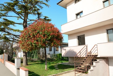 Photo of Modern apartment building with beautiful trees in yard on sunny day