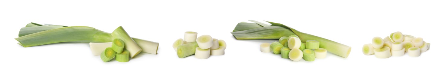 Image of Set with fresh raw leeks on white background. Banner design