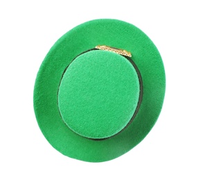 Photo of Green leprechaun hat isolated on white, top view. Saint Patrick's Day accessory