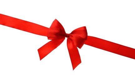 Photo of Red ribbon with bow on white background. Festive decoration