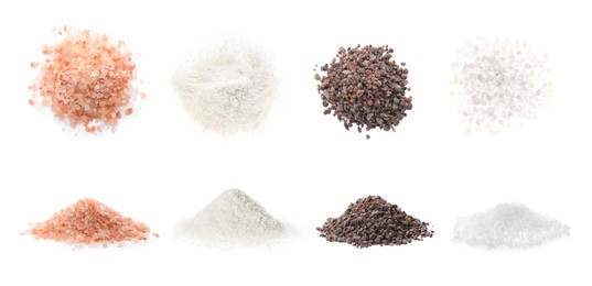 Set with different kinds of salt on white background. Banner design 