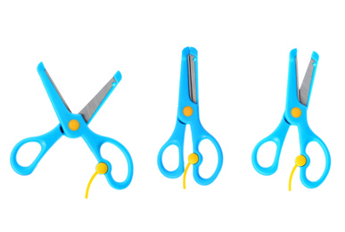 Image of Set of training scissors on white background, top view