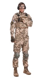 Photo of Soldier in Ukrainian military uniform, tactical goggles and headphones on white background