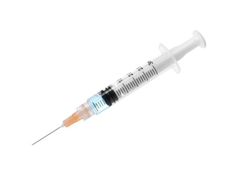 Photo of Disposable syringe with needle and medicine isolated on white