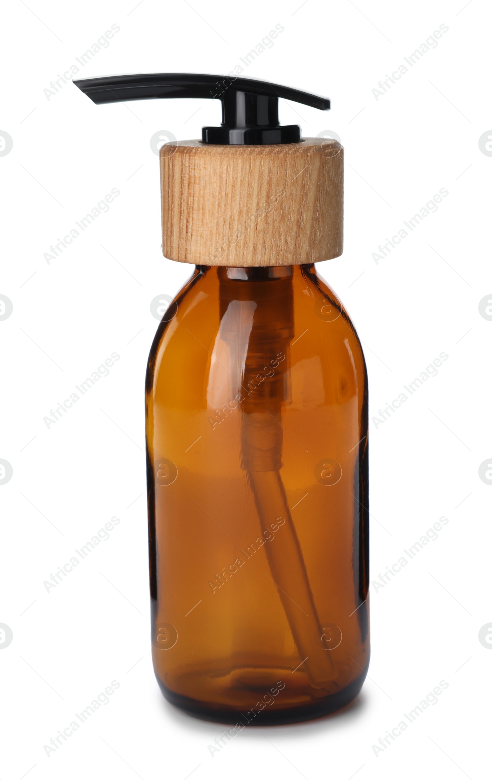 Photo of New empty glass bottle with dispenser cap isolated on white