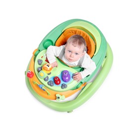 Photo of Cute little boy in baby walker on white background, above view