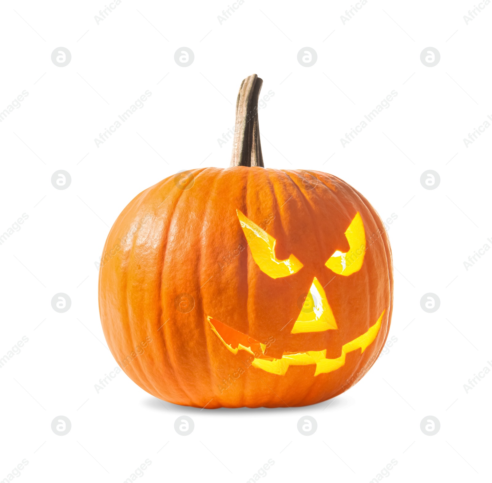 Photo of Scary jack o'lantern pumpkin isolated on white. Halloween decor