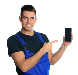 Photo of Repairman with modern smartphone on white background