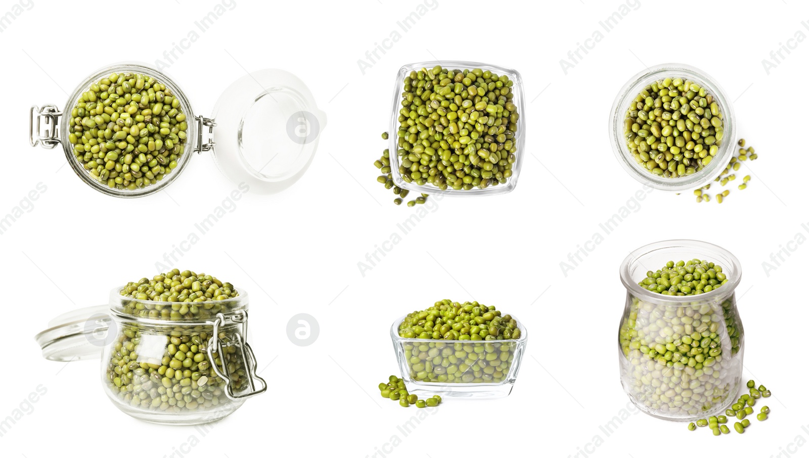 Image of Raw mung beans in jars and bowl on white background, top and side views. Collage design