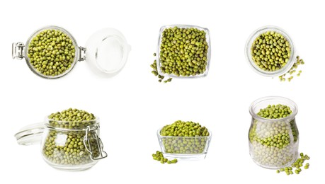 Image of Raw mung beans in jars and bowl on white background, top and side views. Collage design