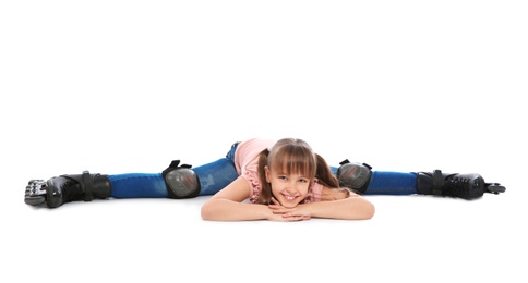 Girl with inline roller skates on white background