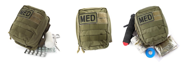 Image of Collage with military first aid kit on white background, banner design