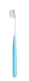 Photo of Light blue plastic toothbrush isolated on white